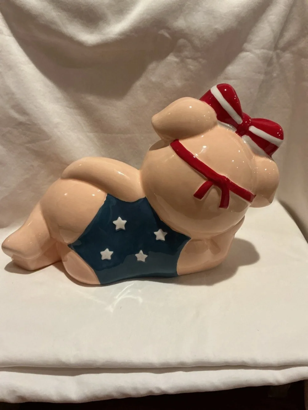 Patriotic Pig Wearing Swimsuit and Red Bow